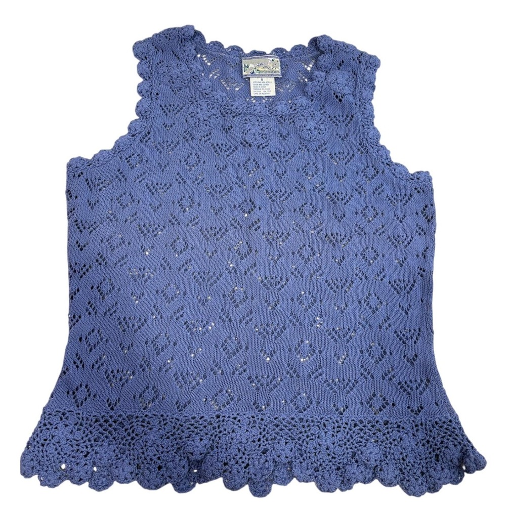 Vintage Corner Reading Periwinkle Blue Crochet Knit Sleeveless Top Small‎